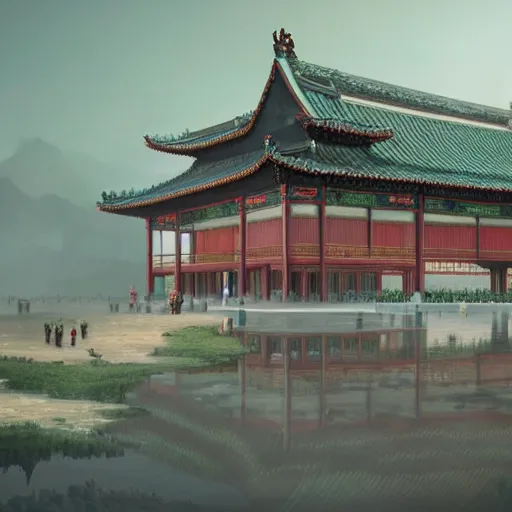 Image similar to tang dynasty palace by peter mohrbacher and dan mumford and nekro, cgsociety, volumetric light, 3 d render ， - h 6 4 0