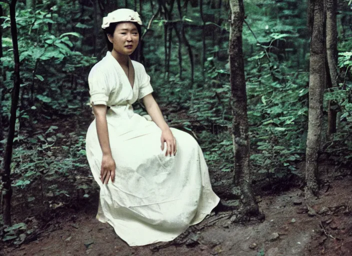 Prompt: An Asian woman in white, in the forest, 90's professional color photograph.