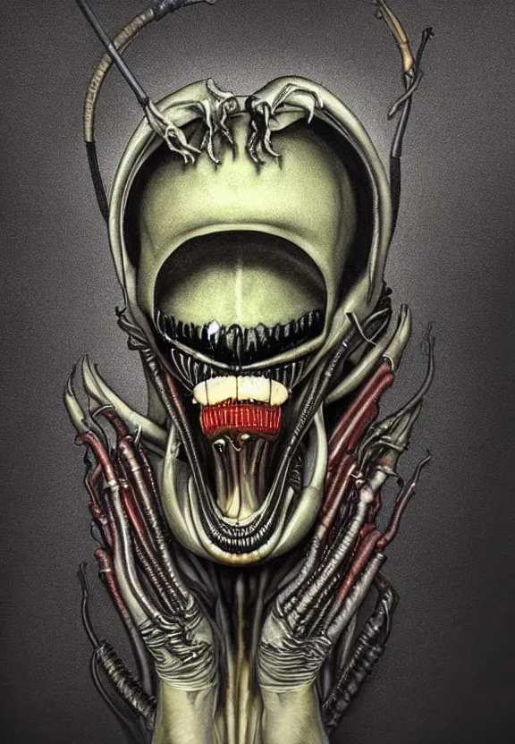 Image similar to one famous person, simple, simplicity, subgenius, x - day, weird stuff, occult stuff, knives, giger ’ s xenomorph, illuminati, muted colors, hyperrealism, studio lighting