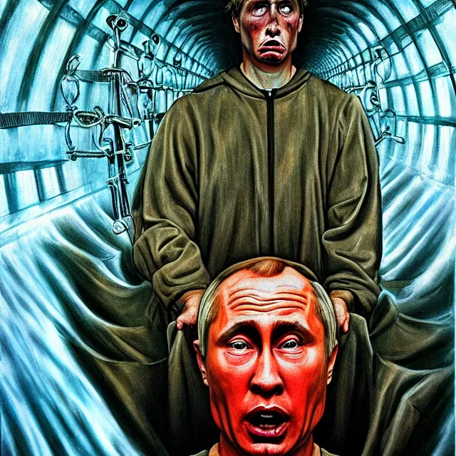 Prompt: shocked crying arrested putin, prison, justice, hyper - realistic, sharp focus, depth of field, hyper - detailed visionary art, symmetric, hell, holy halo, dramatic ambient lighting, high detail, vibrant colors, the thing 1 9 8 2