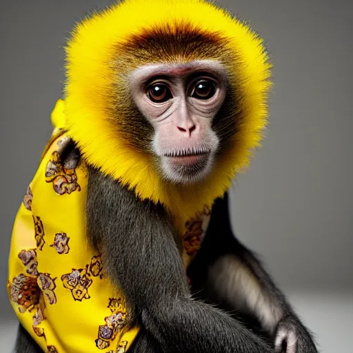 Image similar to a monkey wearing a yellow kimono, 8 k