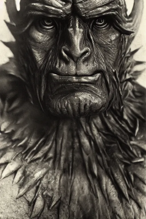 Image similar to beast man from masters of the universe, portrait, full body, symmetrical features, silver iodide, 1 8 8 0 photograph, sepia tone, aged paper, sergio leone, master prime lenses, cinematic