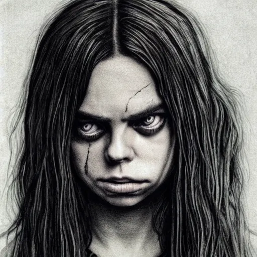 Prompt: grunge drawing of billie eilish by - Zdzisław Beksiński , spongebob style, horror themed, detailed, elegant, intricate