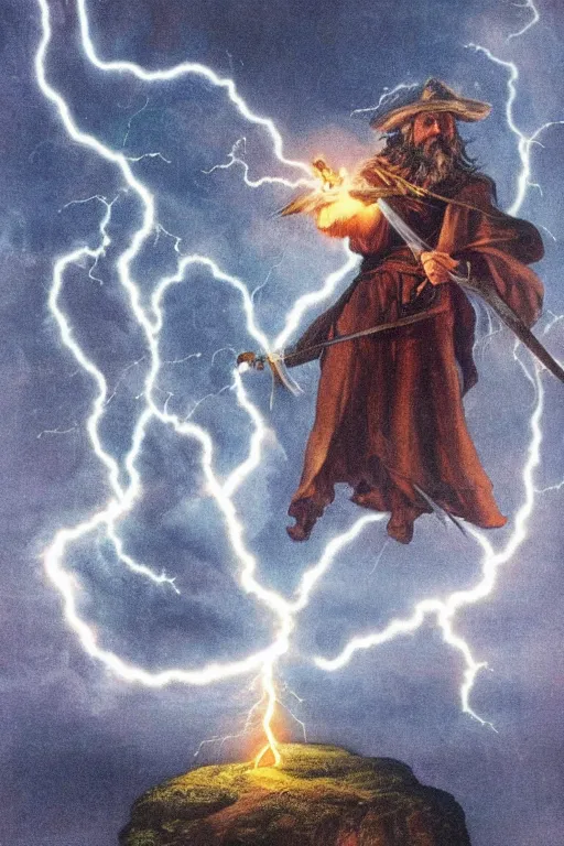 Prompt: wizard holding a sword that’s getting shocked by lightning towards the sky