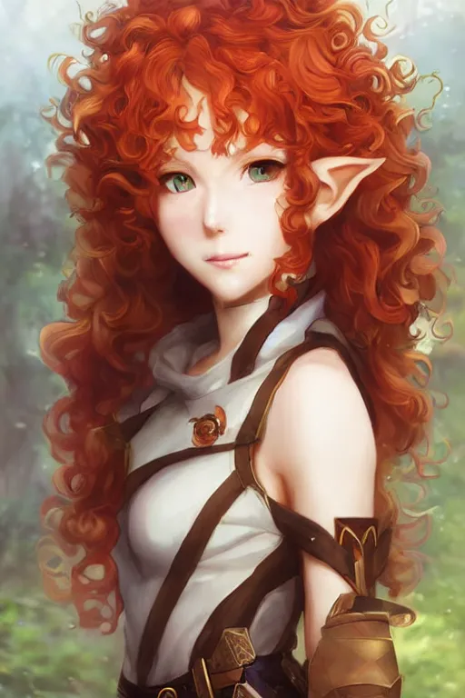 Prompt: A beautiful anime portrait of a curly haired redhead female elf, rpg ranger outfit, elven bow, by Stanley Artgerm Lau, WLOP, Rossdraws, James Jean, Andrei Riabovitchev, Marc Simonetti, and Sakimichan, tranding on artstation