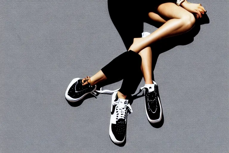 Image similar to a ultradetailed painting of a stylish woman laying on the ground, she is wearing nike air force 1 sneakers, trending on artstation