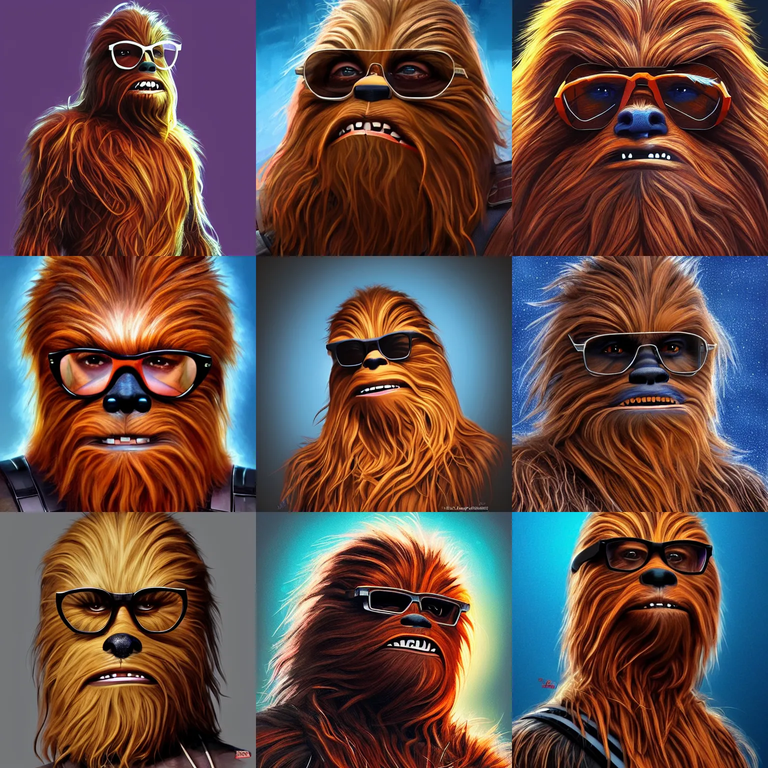 Prompt: chewbacca in cool glasses crossed his arms over his chest and looks at you like a louse, vivid color, highly detailed, digital painting, artstation, concept art, matte, sharp focus, impressionnisme, art by artgerm