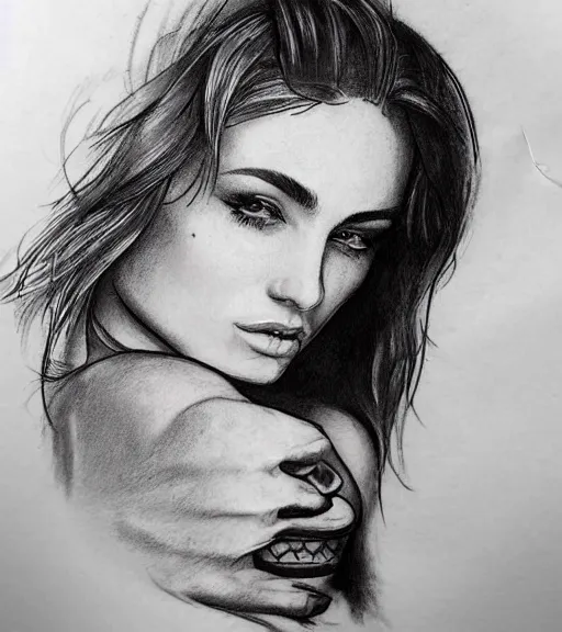 Image similar to tattoo design sketch of an extremely beautiful woman face and a faded background of beautiful mountains on her side, hyper - realistic,, in the style of matteo pasqualin, amazing detail, black and white, faded