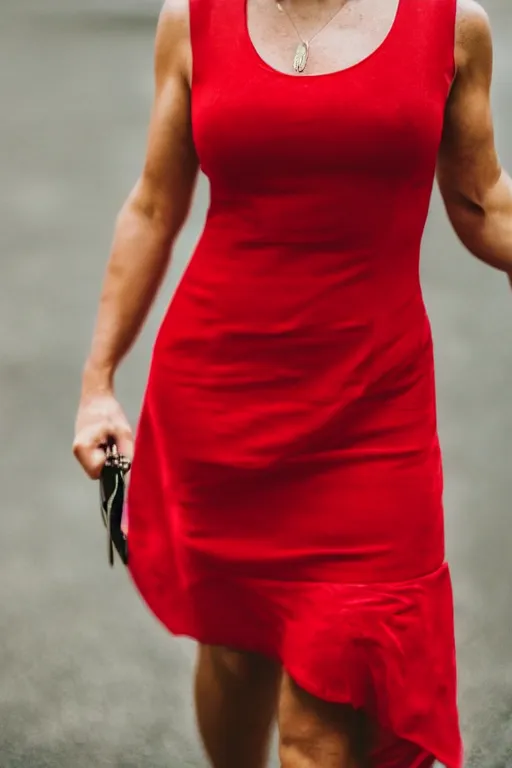 Image similar to woman in a red sleeveless dress, out of focus