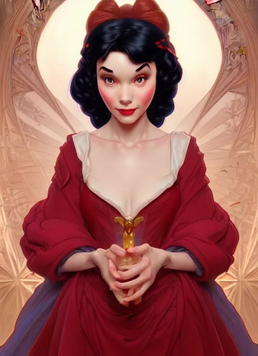 Prompt: portrait of disney snow white, intricate, elegant, highly detailed, my rendition, digital painting, artstation, concept art, smooth, sharp focus, illustration, art by artgerm and greg rutkowski and alphonse mucha and uang guangjian and gil elvgren and sachin teng, symmetry!!