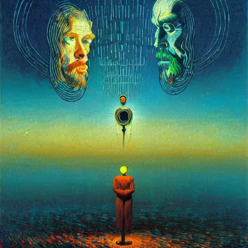Image similar to Anton codes the first artificial general intelligence - award-winning artwork by Salvador Dali, Beksiński, Van Gogh and Monet. Stunning lighting