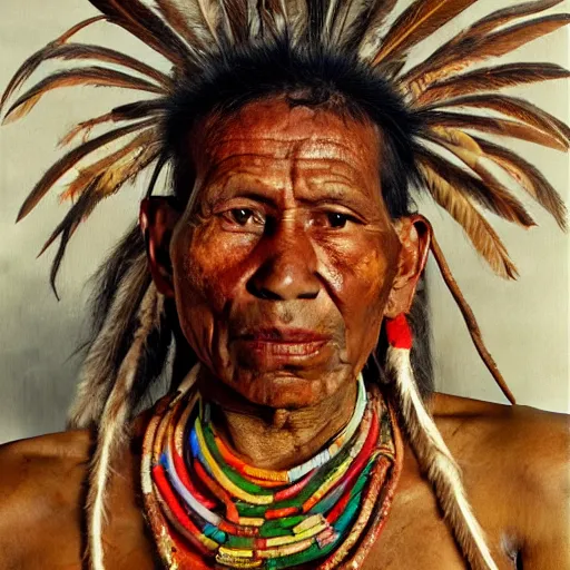 Image similar to high quality high detail painting by lucian freud, hd, full body of a indigenous tribe leader, photorealistic lighting