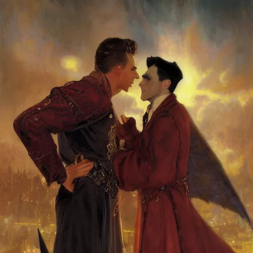 Image similar to attractive male, arthur pendragon confesses his love to attractive male dracula the vampire. highly detailed painting by gaston bussiere, craig mullins, j. c. leyendecker 8 k