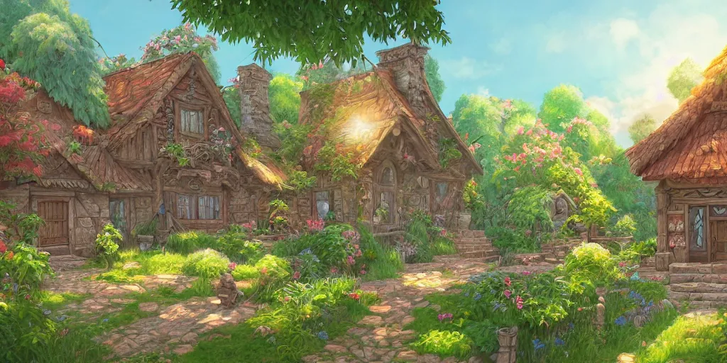 Prompt: Beautiful detailed high quality illustration of an old Slavic house, beautiful garden on background, a lot of Slavic carvings and decor elements::vibrant summer, romantic mood, morning sunlight::art by Ghibli Studio, League of Legends, Arcane, Wild Rift, trending on artstation
