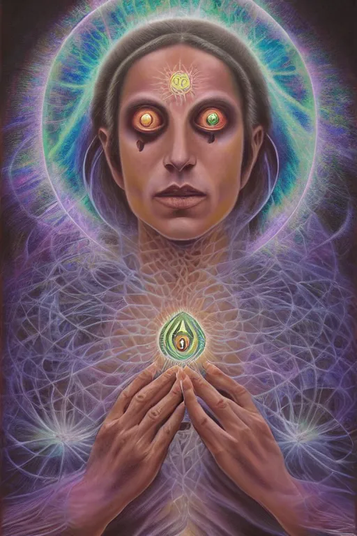 Image similar to transcendental meditation dark ritual rite stigmata cult woman, opening third eye, chakra energy waves resonating from her body, ethereal aura, epic surrealism 8k oil painting, portrait, perspective, high definition, post modernist layering, by Raymond Swanland, Barclay Shaw, Alex Grey