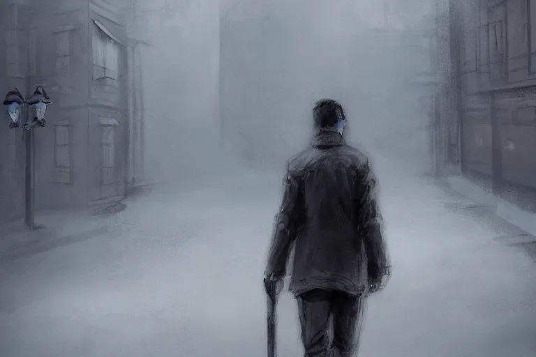 Image similar to concept art mood painting environment painting man walking down grey dull concreate alley winter arms in pockets. style of ryan church jon mccoy george hull painting