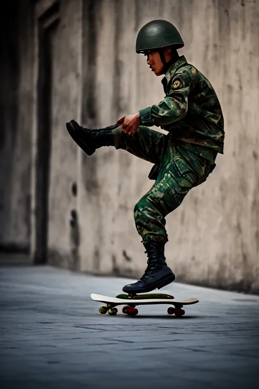 Image similar to vietnam soldier playin skateboard, photorealistic, smooth, 4 k, aesthetic lighting, baroque object, hyperdetailed, professional photography, pullitzer winning, photo by : canon eos 5 d mark iv, by karah mew and adnan abidi