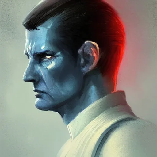 Image similar to portrait of a man by greg rutkowski, blue skin, red eyes, short black hair in military style, tall, star wars expanded, universe, he is about 5 0 years old, wearing white colored imperial admiral uniform, artstation hq