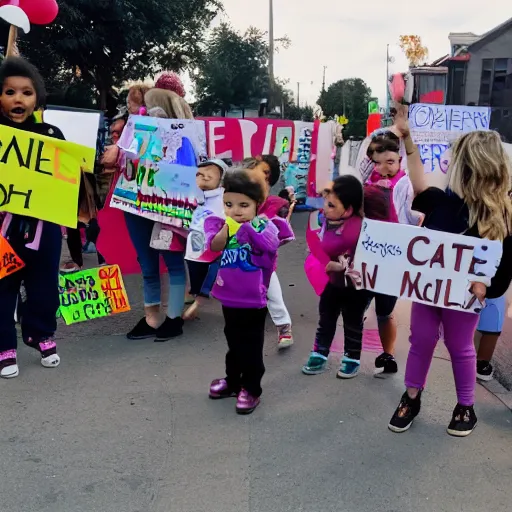 Image similar to babies protesting in front of a daycare center