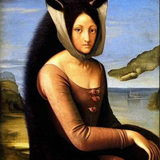 Prompt: the renaissance painting of a female anthropomorphic black fox, sitting and wearing a renaissance socialite dress