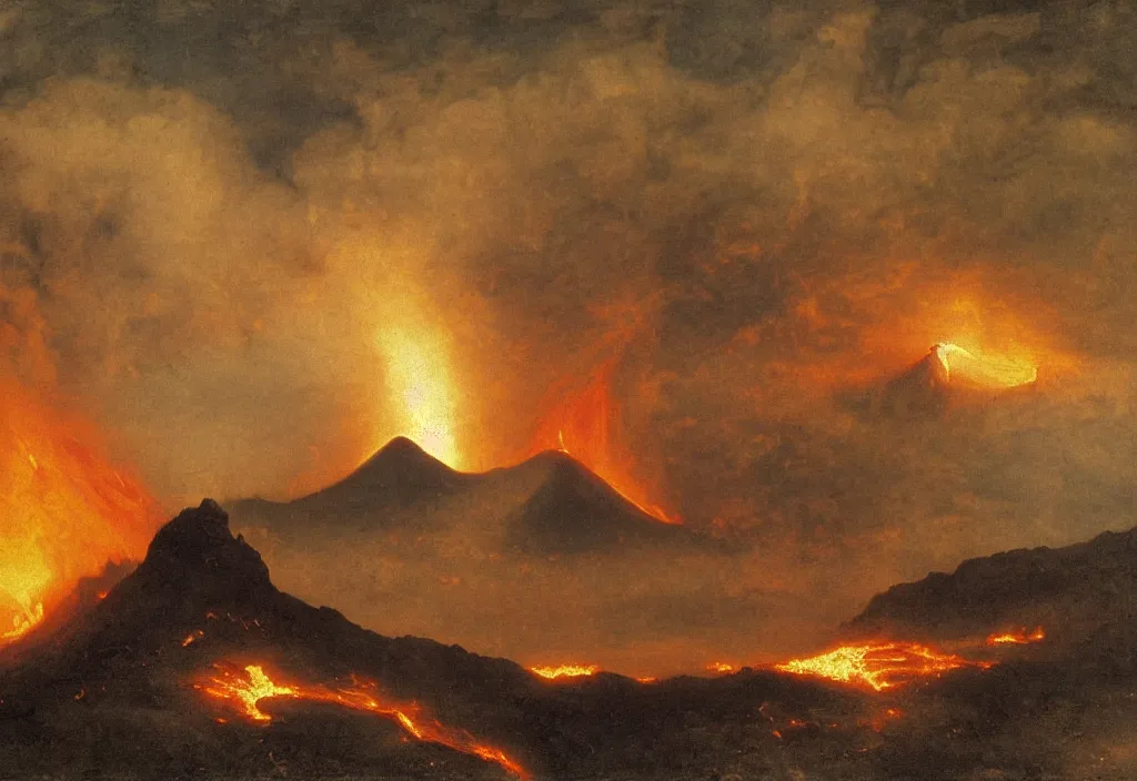 Image similar to a beautiful painting of a volcano oozing lava, pyroclastic clouds forming by albert bierstadt, high resolution, excellent contrast, morning