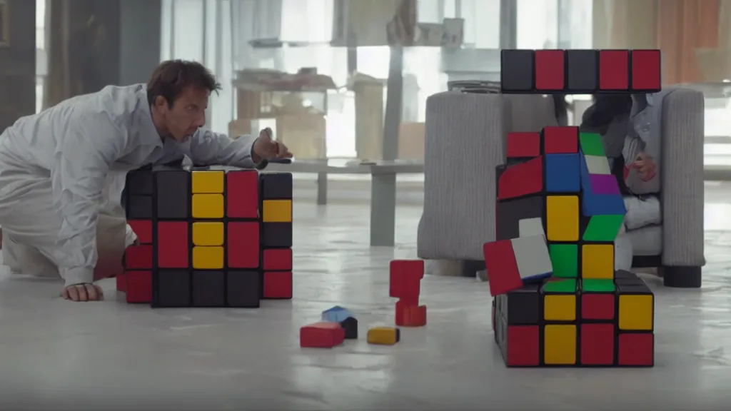 Prompt: film still of the Rubik's Cube movie. directed by Denis Villeneuve