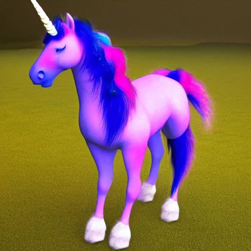 Prompt: a furry unicorn based on a percheron horse, the unicorn fur is purple, pink and yellow with an ombre effect, the unicorn is beautiful, made with unreal engine 5 very expensive effects, a lot of detail in the fur to look realistic