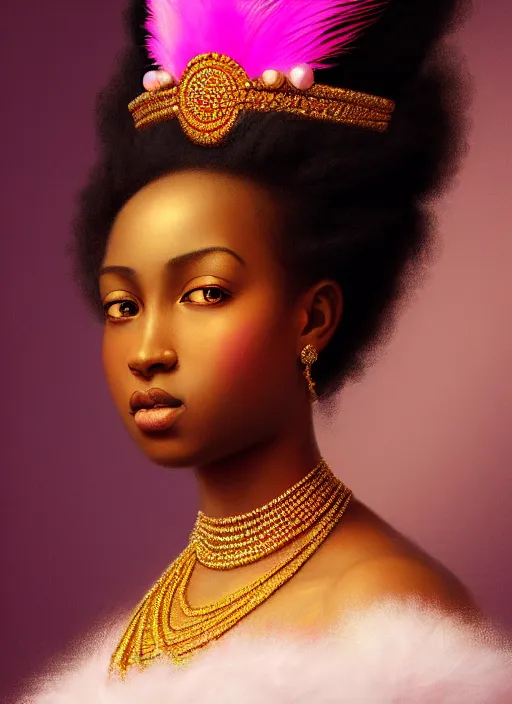 Image similar to stunning african godess princess, detailed pink and white feathers head peace against a black backdrop by ivan aivazovsky, 3 / 4 view portrait, wlop, super sharp details, photorealism, canon 5 d, 5 0 mm lens, stunning photoshot, beautiful soft lighting, muted colours, artstation