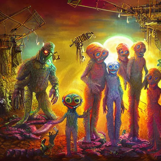 Image similar to happy extraterrestrial family in village on ancient post - apocalyptic planet, jim henson creature shop, vivid and colorful, cinematic, oil painting, highly detailed, illustration