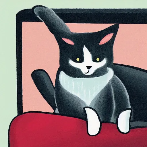 Prompt: cat sitting on sofa watching TV in night by Ori Toor