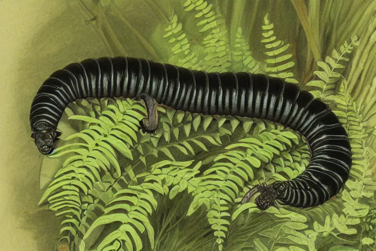 Image similar to naturalist drawing of an extinct giant millipede in a lush fern forest