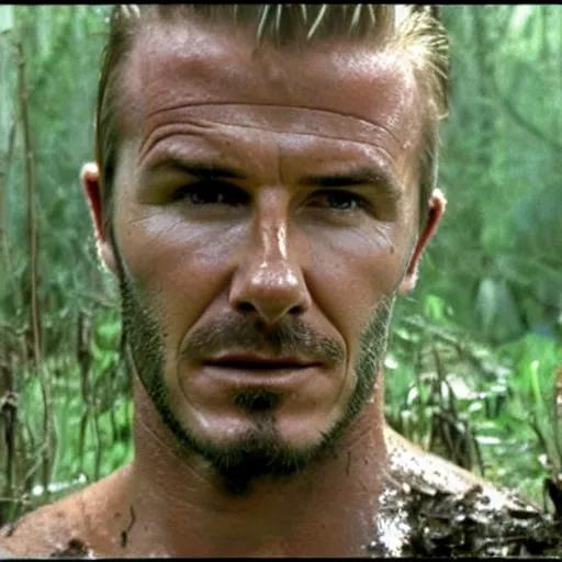 Prompt: cinematic still of david beckham, covered in mud and watching a predator in a swamp in 1 9 8 7 movie predator, hd, 4 k