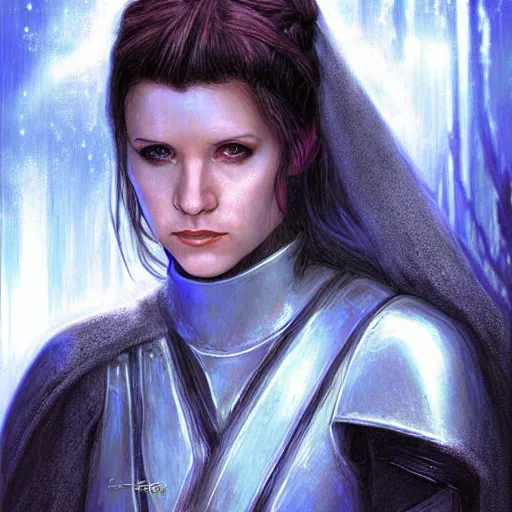 Prompt: head and shoulders portrait of a female knight, star wars, jedi, robes, blue lightsaber, young carrie fisher, by luis royo, digital art