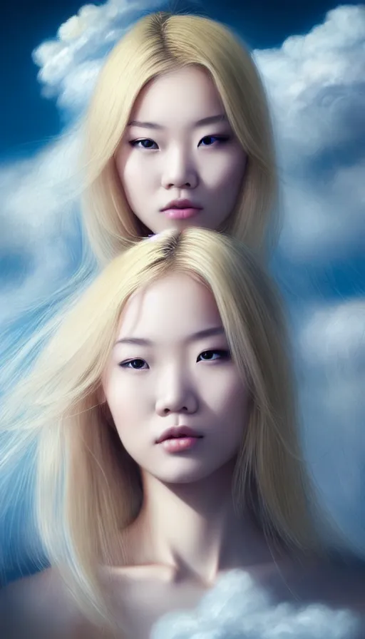 Image similar to photo of a gorgeous blonde young asian girl , searching for eternity, head in the clouds in the style of stefan kostic, realistic, sharp focus, 8k high definition, high fashion, vogue, insanely detailed, intricate, elegant, art by stanley lau and artgerm, sigma 85mm art