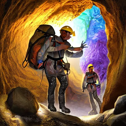 Prompt: photorealistic fantasy digital art of spelunkers in caving gear exploring a narrow beautiful cave full of gleaming geodes, crystals, and gemstones.