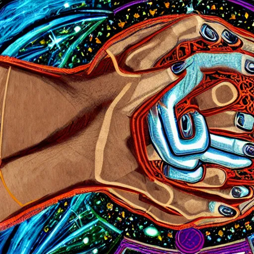 Image similar to cosmic hand eaten by cannibal ecclesial fraternity, intricate, aesthetic, artistic, 8 k resolution