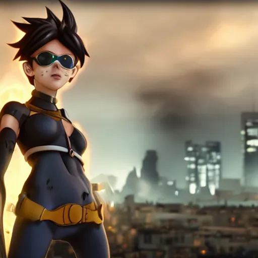 Image similar to tracer, standing on rooftop, wearing spiked choker, 4 k, detailed, smiling at camera, detailed eyes, confident stance, detailed face, feminine face, burning exploding city in background