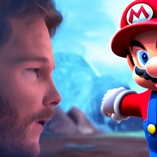Image similar to Chris Pratt as Mario, Unreal Engine, Xbox Series X, EOS-1D, f/1.4, ISO 200, 1/160s, 8K, RAW, symmetrical balance, in-frame, Dolby Vision
