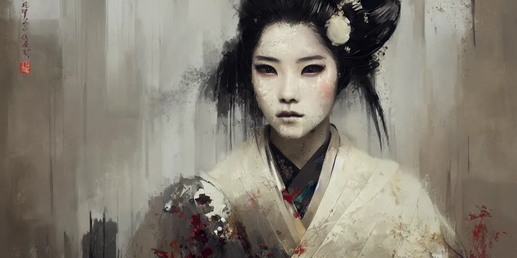 Image similar to female geisha girl, beautiful face, rule of thirds, intricate outfit, by greg rutkowski, by jeremy mann, digital painting