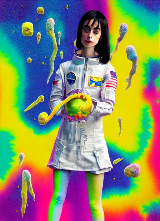 Prompt: hyper detailed render - kawaii portrait (astronaut, suit, chrome dino, porcelain forcefield, looks like Krysten Ritter) Eating Strangling network yellowcake aerochrome watercolor Fruit and His delicate Hands hold gossamer polyp bring iridescent fungal flowers dress, Ryden