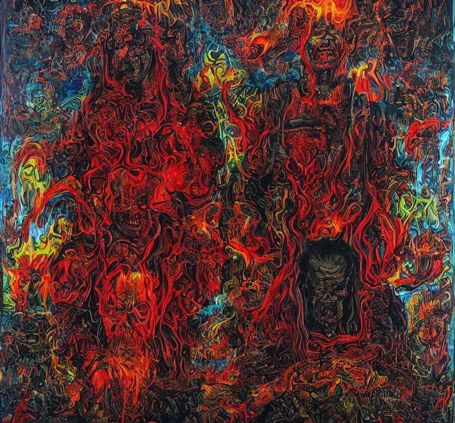 Image similar to yeltsin veneration sect, yeltsin on an icon in hellish style, scary art in color, art in 4 k