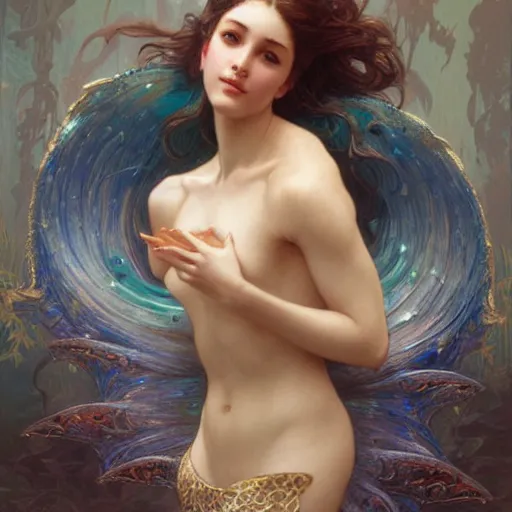 Image similar to portrait of mermaid goddess, intricate, elegant, highly detailed, digital painting, artstation, concept art, smooth, sharp focus, illustration, art by artgerm and greg rutkowski and alphonse mucha and william - adolphe bouguereau