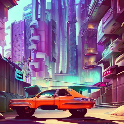 Prompt: swagger! lowrider culture, futuristic living large in the city by tyler edlin, bold colors, detailed, incredible lighting, great composition, artstation