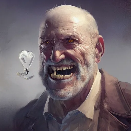 Image similar to old man portrait, hand grenade in his teeth, greg rutkowski art