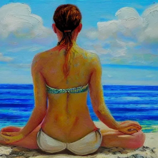 Image similar to freckled woman meditating on beach in caribbean, high detailed, clear, oil on canvas