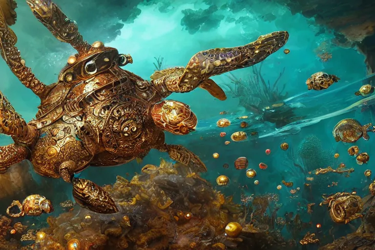 Prompt: beautiful painting of a huge caretta wearing an armour of jewels incrusted with golden beetles in vast ocean coral reef, water bubbles, intricate details, jewel fishes, realistic shaded , steampunk, highly detailed, artstation, illustration by Greg Rutkowski and Ruan Jia , octane render, 4k, dynamic light, volumetric light, neon lights, cinematic mood