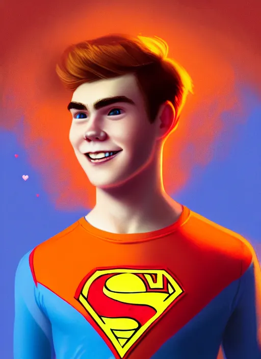 Image similar to friendly teenage archie andrews wearing an orange superhero costume with heart logo, freckles, superhero costume, heart emblem on chest, cape, intricate, elegant, glowing lights, highly detailed, digital painting, artstation, sharp focus, illustration, art by wlop, mars ravelo and greg rutkowski