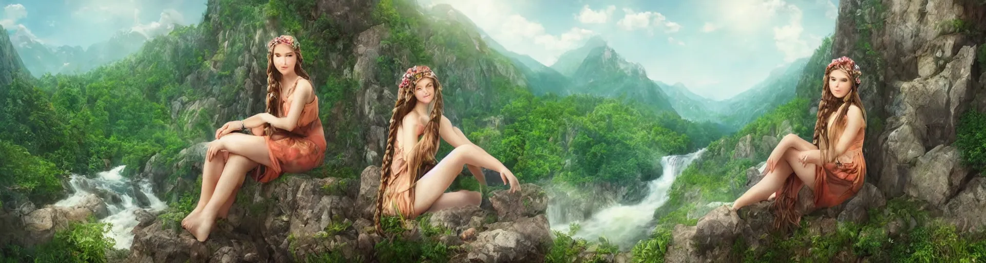 Prompt: a one beautiful girl sits in the mountains and braid her hair against a backdrop of beautiful mountains, forests, and waterfalls - fantasy art