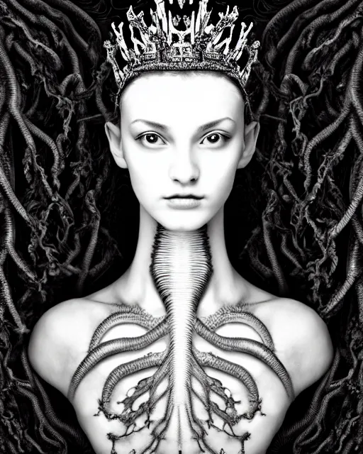 Prompt: dark background, a black and white high quality dreamy photo of a young beautiful female queen-dragon-vegetal-orchid-mineral-cyborg bust with a very long neck and delicate Mandelbrot fractal face, elegant, highly detailed, flesh highly baroque ornate, hair are curled wired cables, elegant, poetic, soft, dreamy, mysterious, high fashion, rim light, in the style of Ellen von Unwerth, Realistic, Refined, Digital Art, Highly Detailed, Cinematic Lighting, rim light, black and white, photo-realistic, 8K