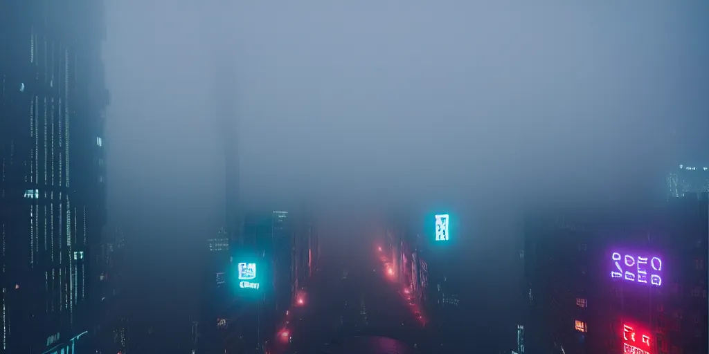 Image similar to eerie fog, giant illuminated advert screens, megacity streets seen from above, neon signs, blade runner, ex machina